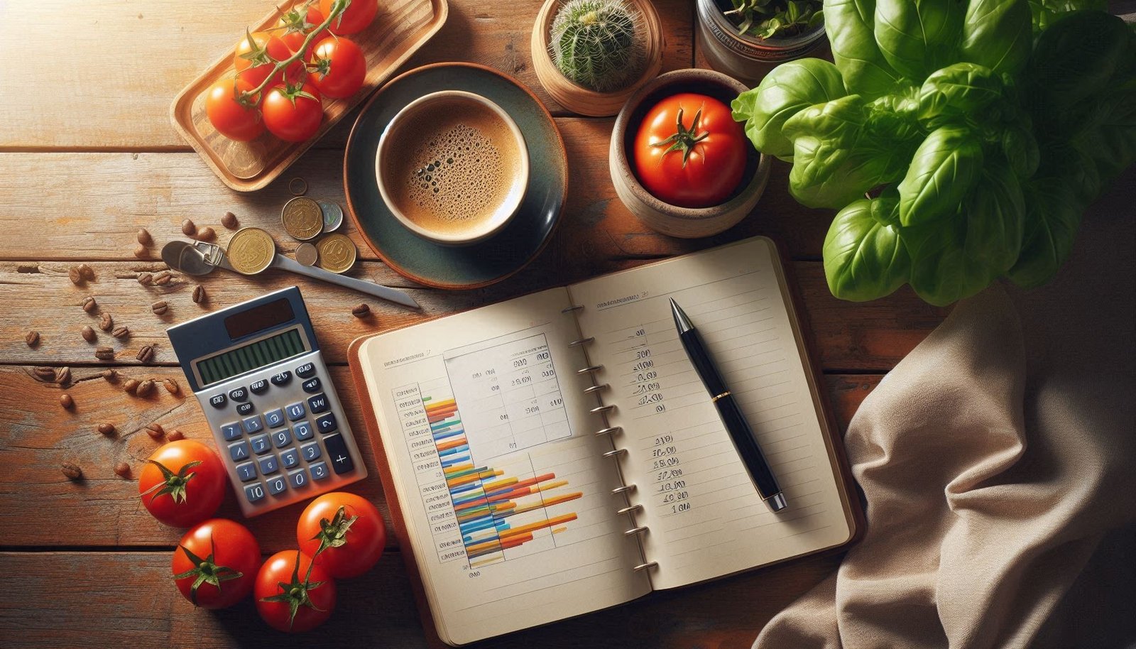 Quaderno per il budget familiare e calcolatrice su un tavolo da cucina con verdure fresche per pianificare la spesa.