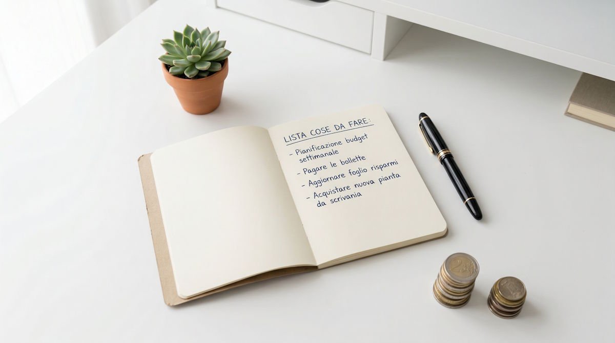 Scrivania minimalista con quaderno con lista di cose da fare per il budget: spendere con consapevolezza