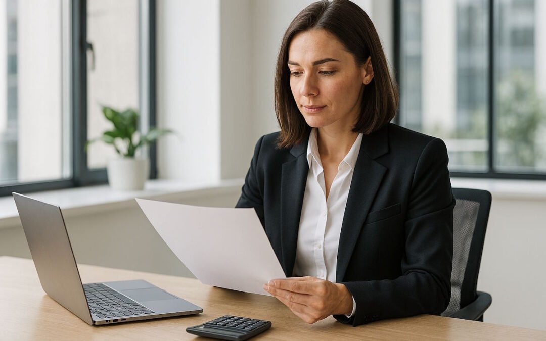 Dipendente che controlla la propria busta paga con calcolatrice