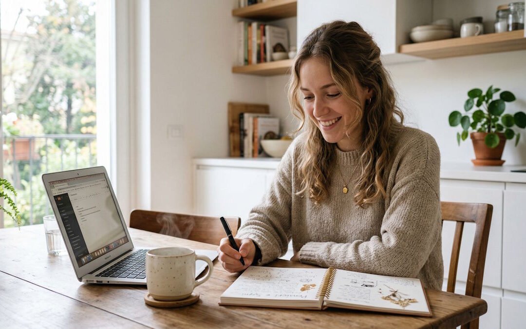 Donna serena che pianifica il budget familiare: esempio pratico di educazione finanziaria e gestione spese senza stress